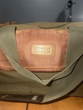 Vintage Jeep Wrangler Travel Equipment Canvas Duffle Bag Green Wood Leather